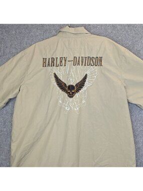 Harley Davidson Mens Shirt XL Beige Skull Graphic Button Up Short Sleeve